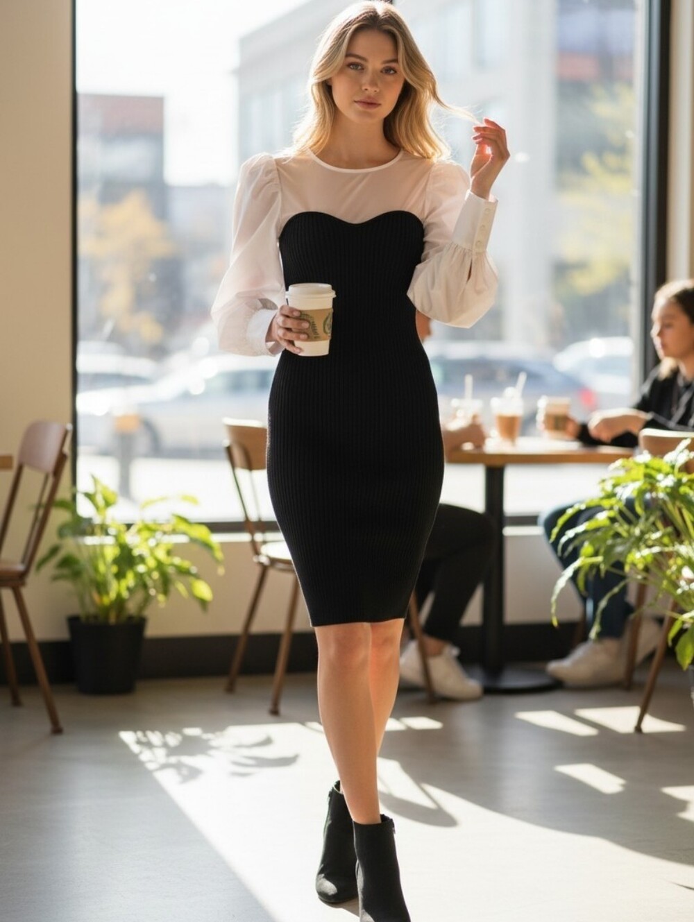 Two-Tone Black & White Puff Sleeve Mid Dress Size Medium Strech Fabric